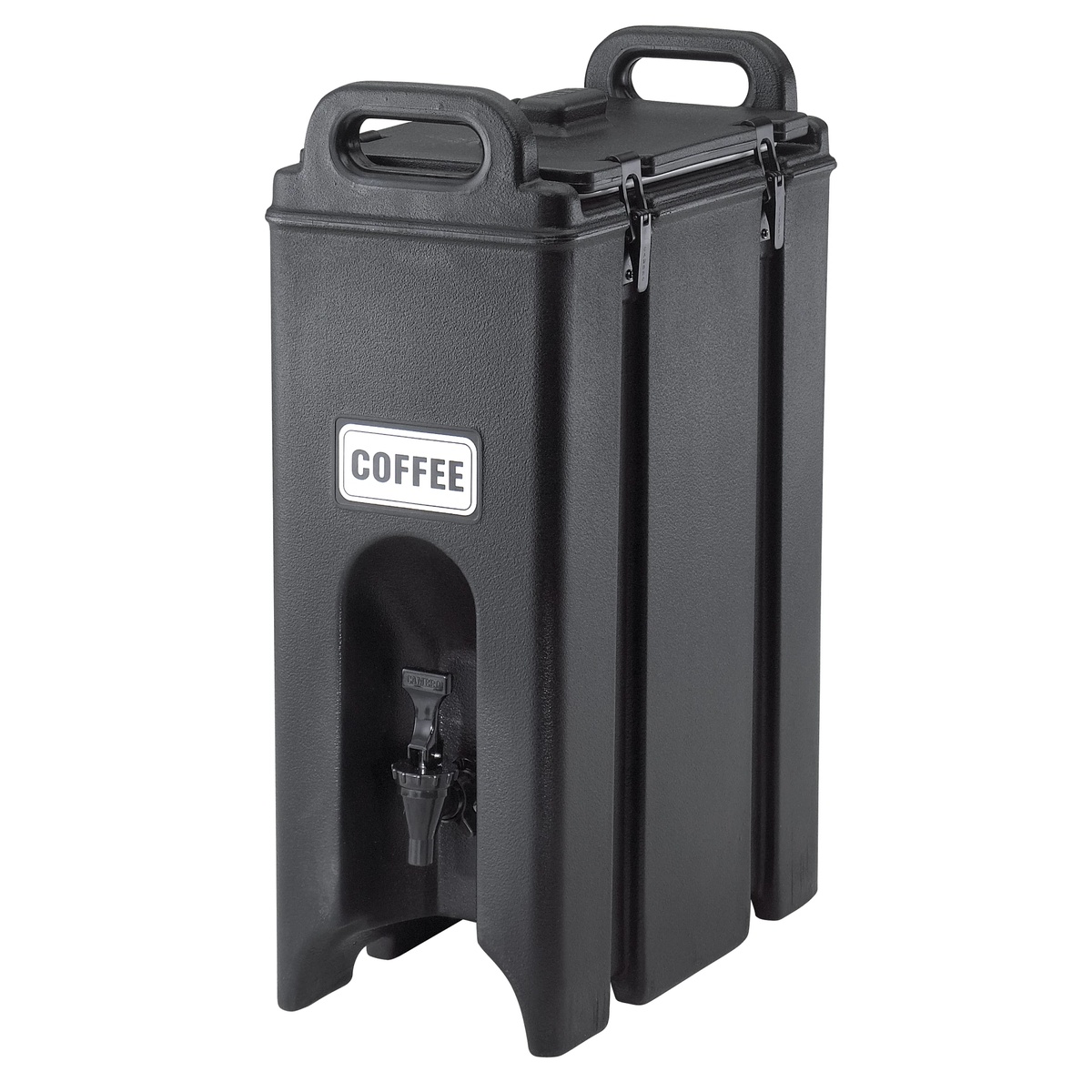 Cambro 500LCD110 black insulated beverage dispenser with Coffee identification label and drip-proof spigot