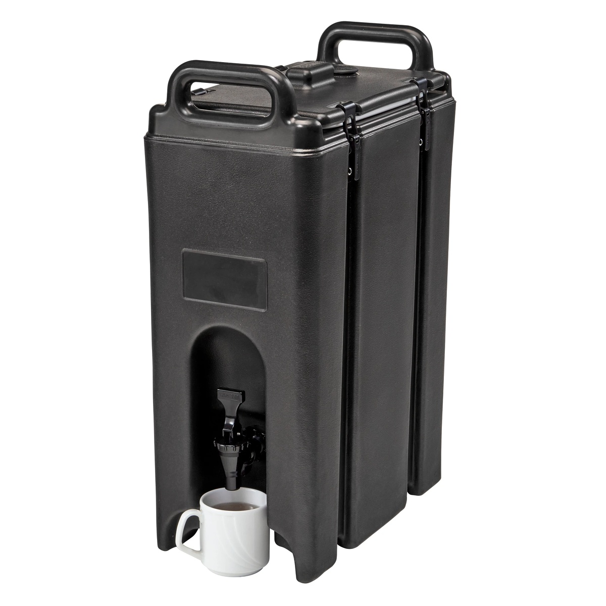 Cambro 500LCD110 black insulated beverage dispenser with recessed spigot and white mug below