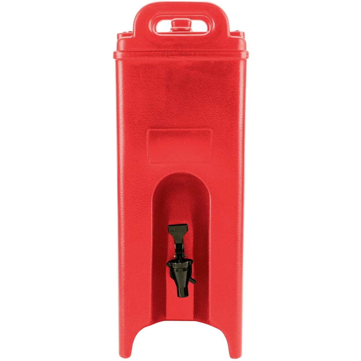 Front view of Cambro 500LCD158 hot red insulated beverage dispenser showing recessed spigot and vent cap