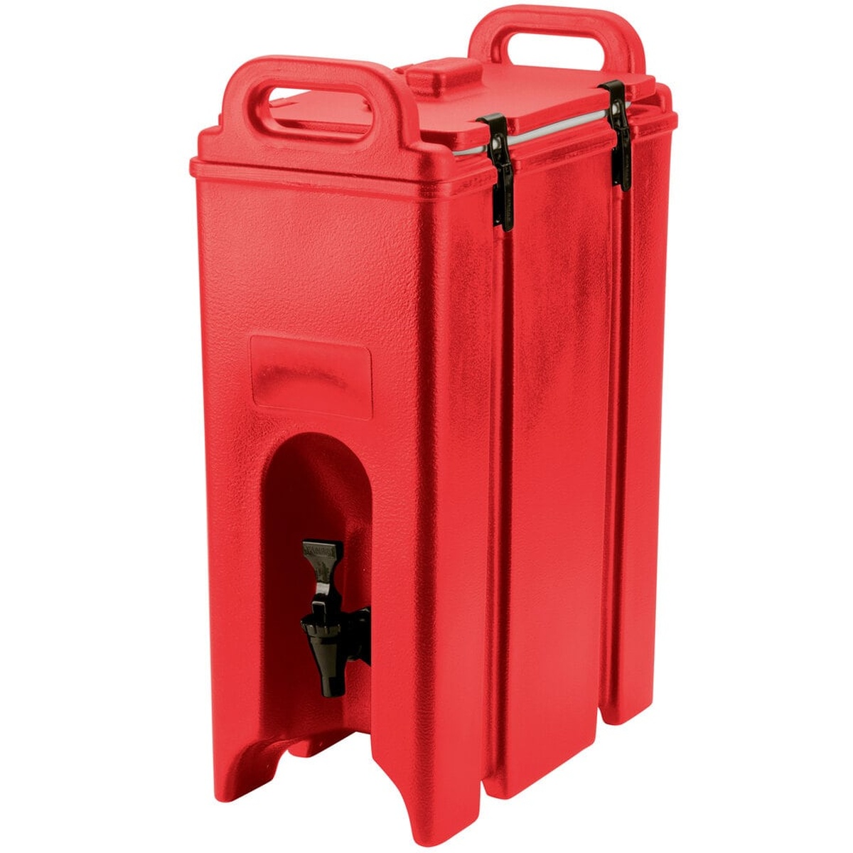Cambro 500LCD158 hot red 4.75-gallon insulated beverage dispenser, angled view showing handles and spigot