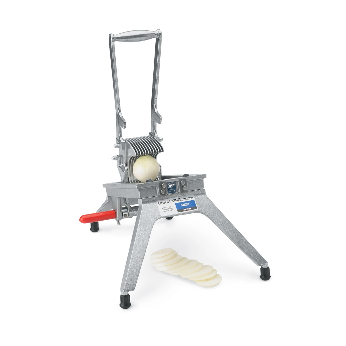 Vollrath Onion King 500N manual onion slicer with lever and blade assembly slicing onion into uniform pieces
