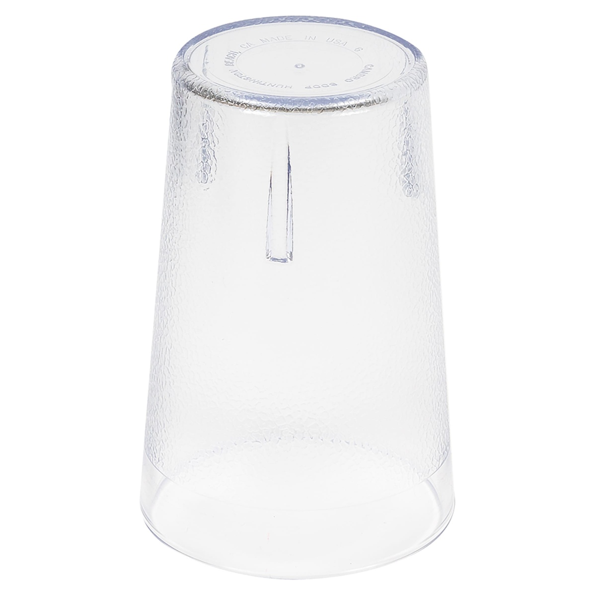 Cambro 500P2152 clear plastic tumbler shown inverted, displaying interior stacking lugs and bottom detail