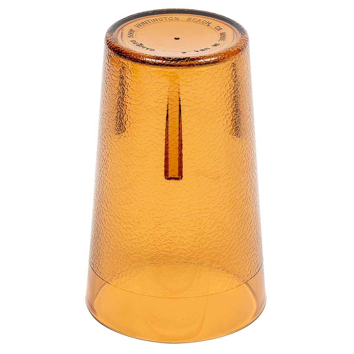 Upside-down view of Cambro 500P2153 amber tumbler showing base and stacking lug detail