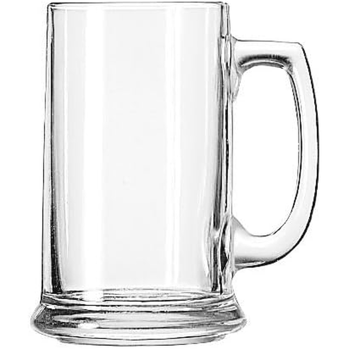 Libbey 5011 clear glass 15 oz handled beer mug with wide base and angled handle