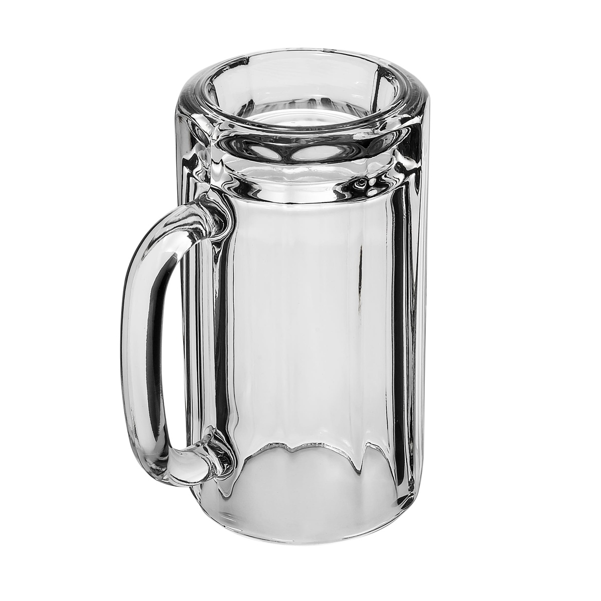 Libbey 5020 paneled glass mug, three-quarter side view highlighting the large solid handle and thick glass walls