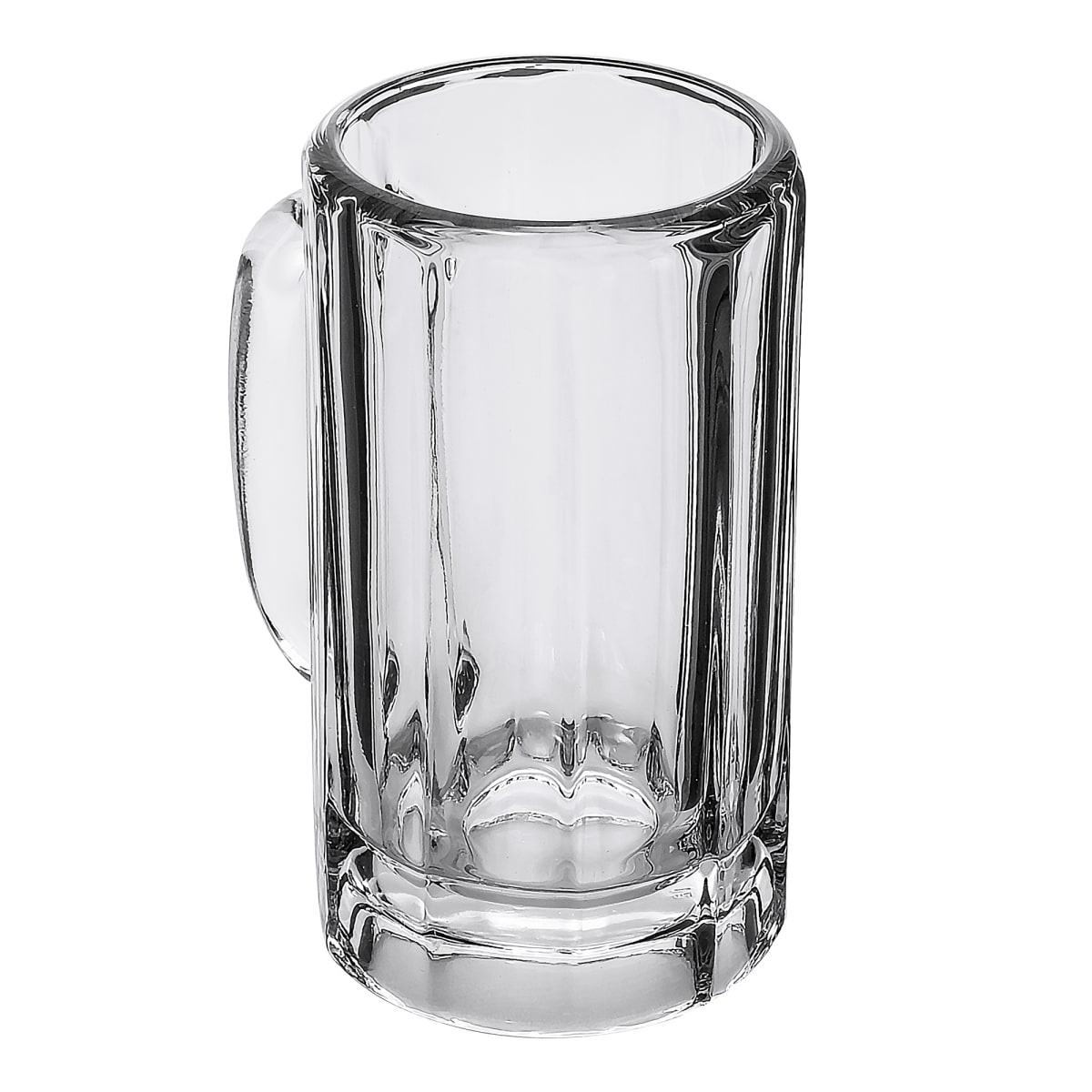 Libbey 5020 16 oz clear paneled glass mug, angled front view showing vertical panels and handle