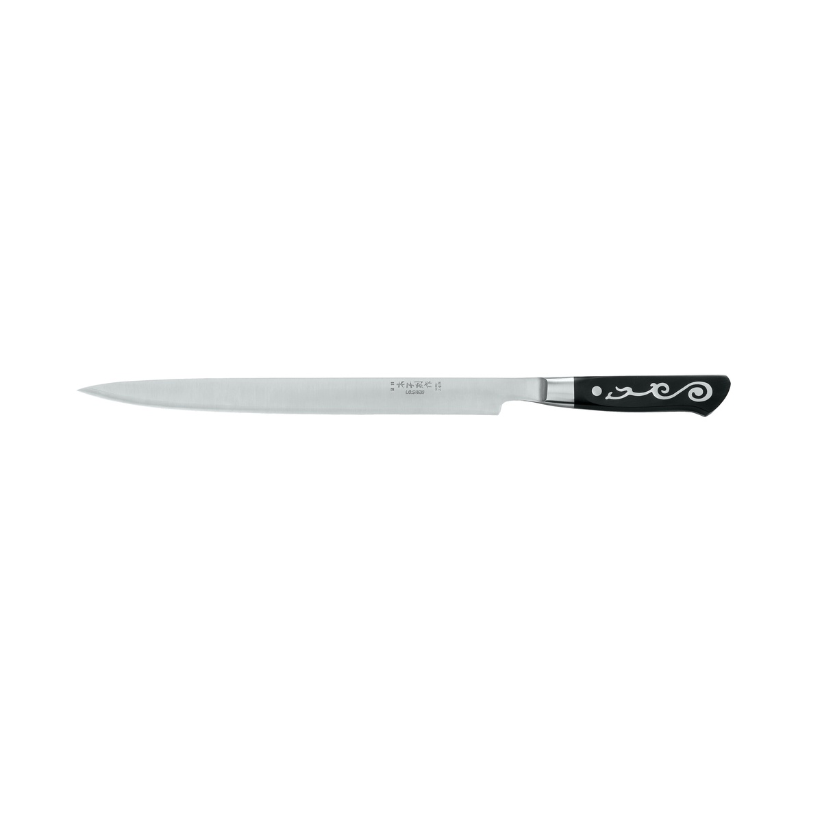 I.O. Shen Master Grade 5024 carving knife showing full 9-inch slender silver blade and black ebonite handle with decorative Yin Yang scroll motif