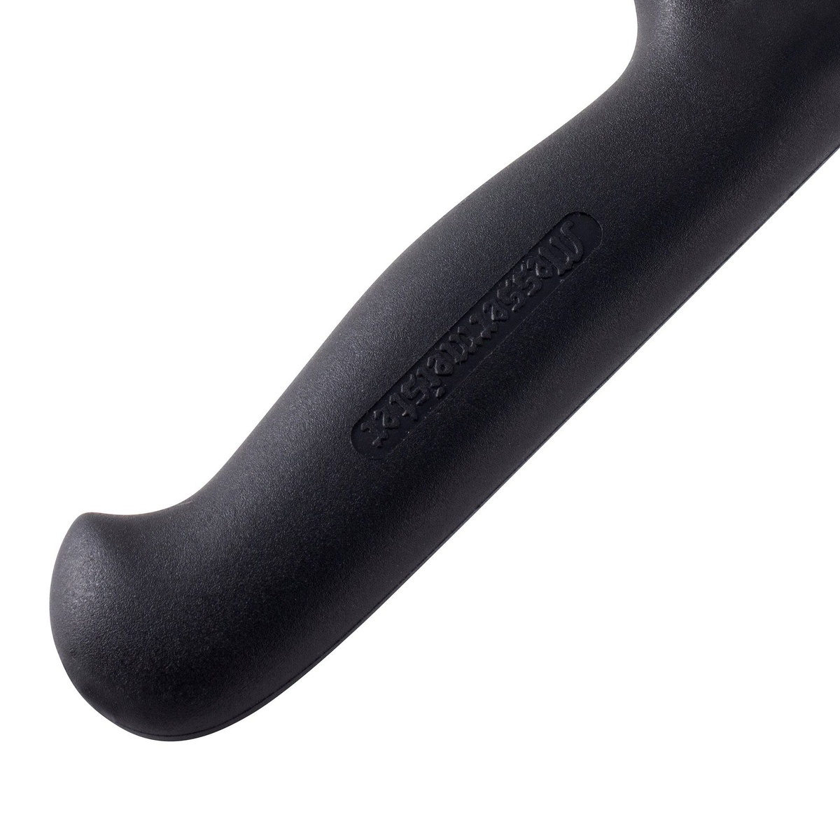 Close up of the ergonomic black handle on a Messermeister knife