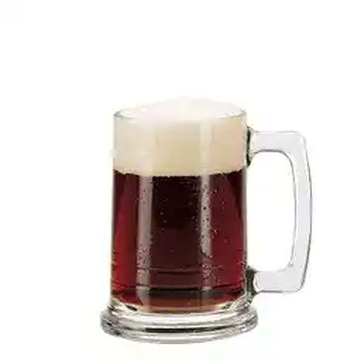 Libbey 5027 Maritime Beer Mug filled with dark ale and foam head, showcasing 15 oz capacity