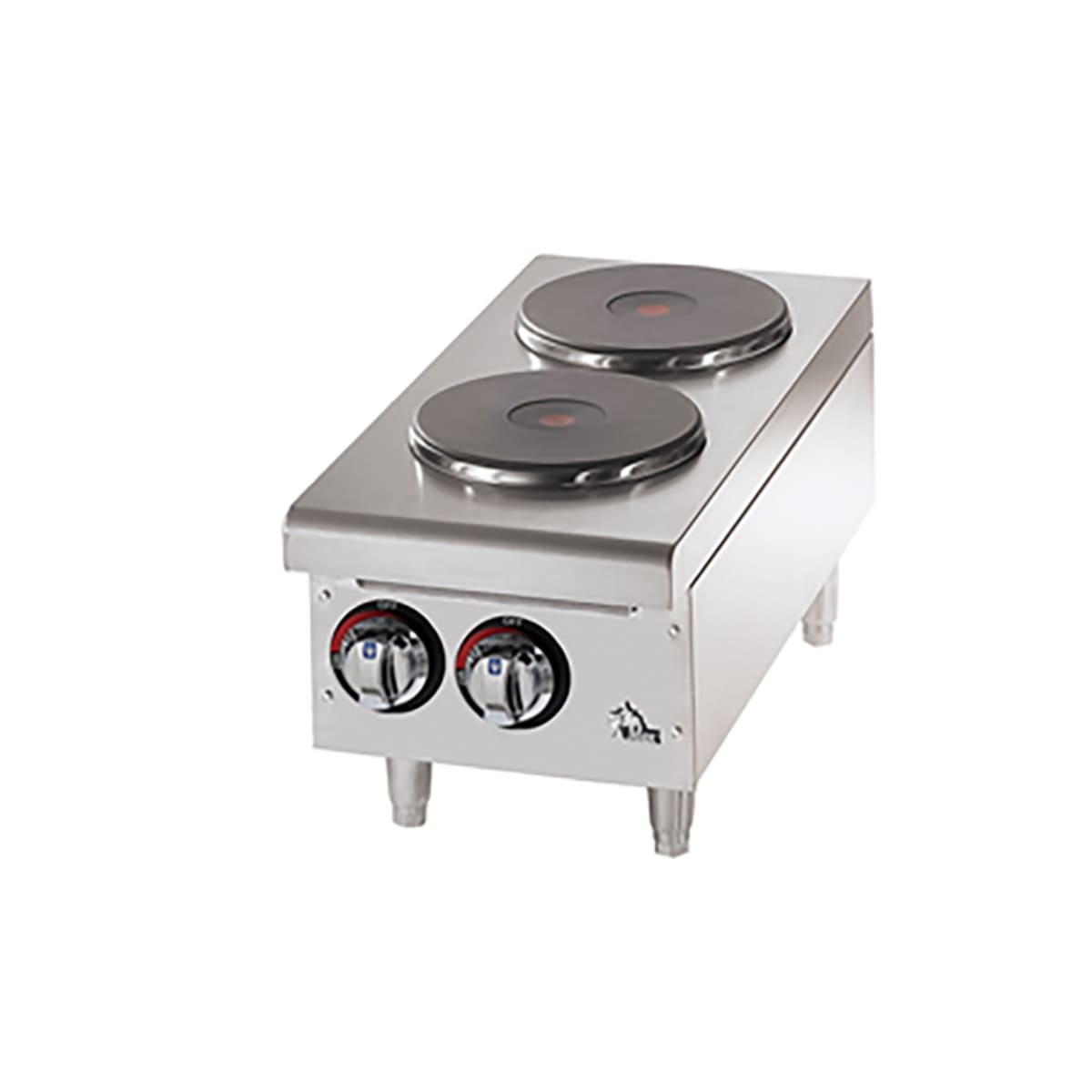 Three-quarter view of the Star-Max 502FF two-burner electric hot plate with stainless steel top