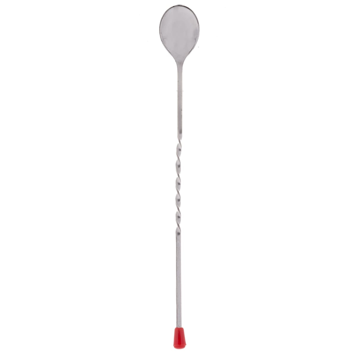 Tablecraft 502K 12-inch stainless steel bar spoon showing twisted handle and red knob end, vertical view