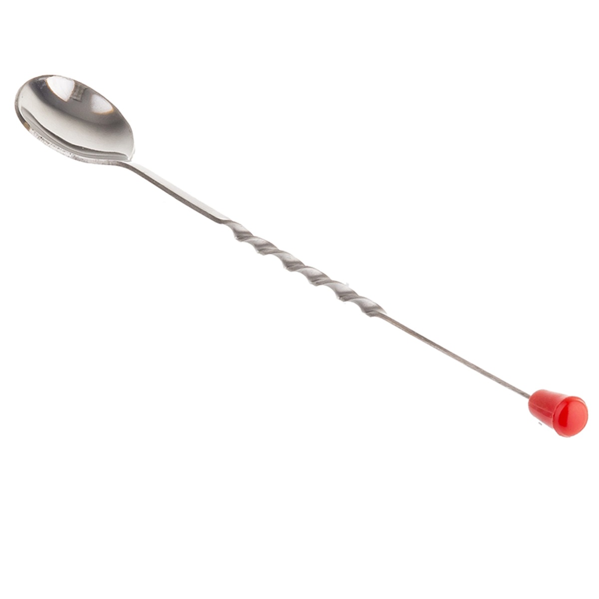 Tablecraft 502K bar spoon shown diagonally, highlighting the oval spoon bowl, twisted mid-handle, and red knob tip