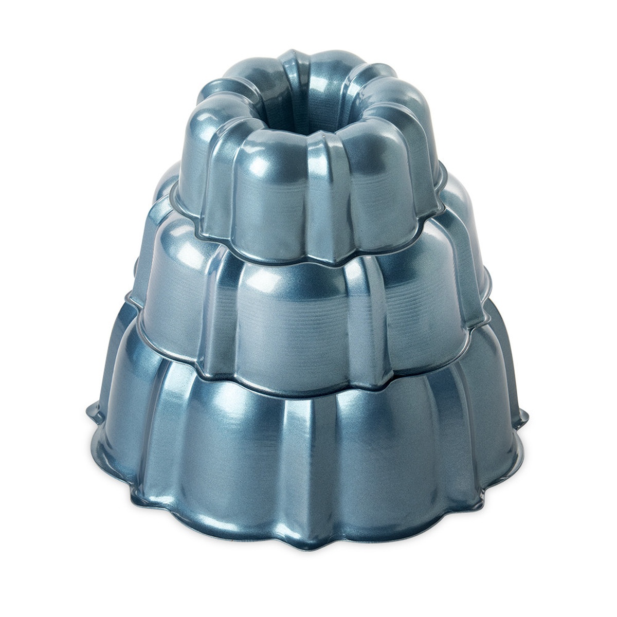 Nordic Ware 3-Piece Tiered Bundt Set in Twilight Blue, showing three fluted aluminum pans stacked from largest to smallest