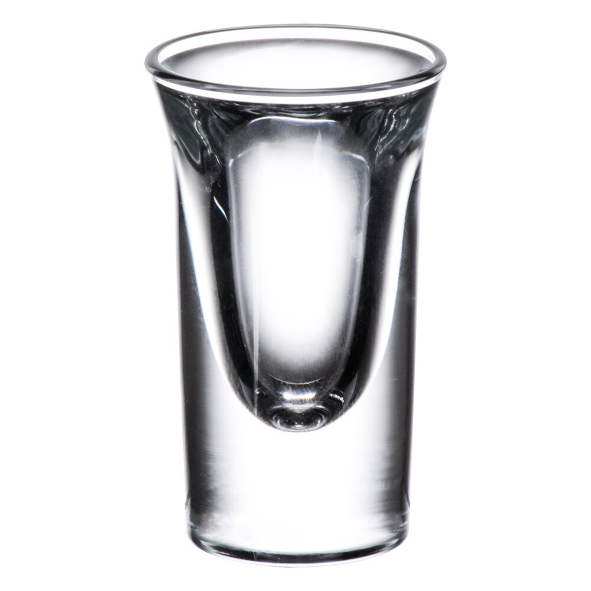 Libbey 5030 0.75 oz tall whiskey shot glass, crystal clear with thick sham base, shown on white background