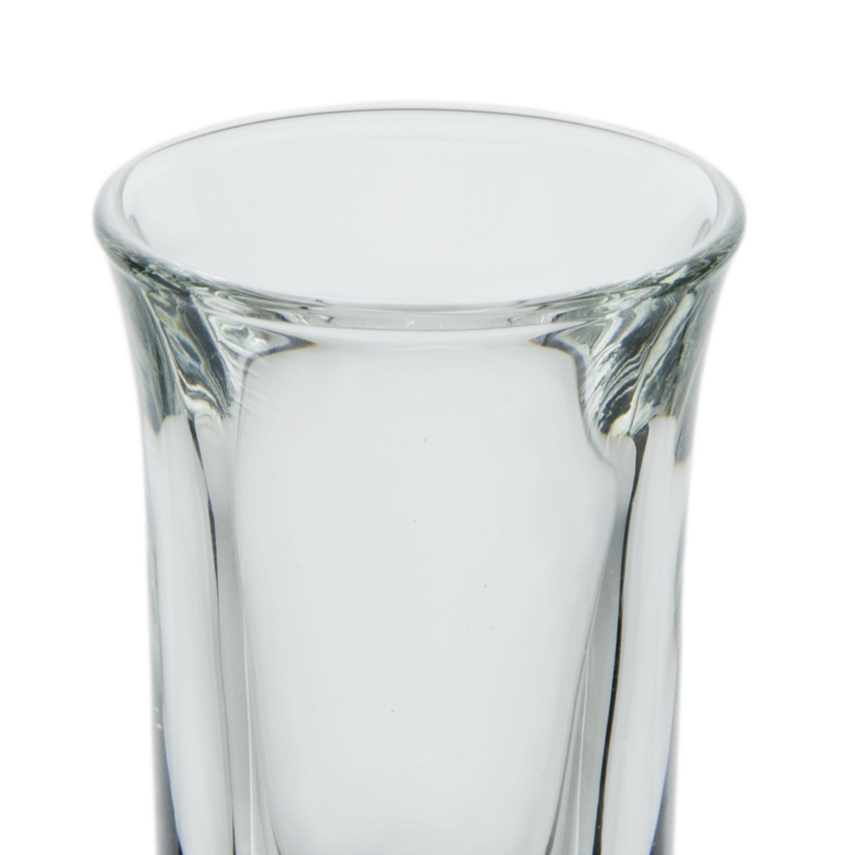 Libbey 5031 tall whiskey shot glass, close-up top-down view of the wide opening and thick rim