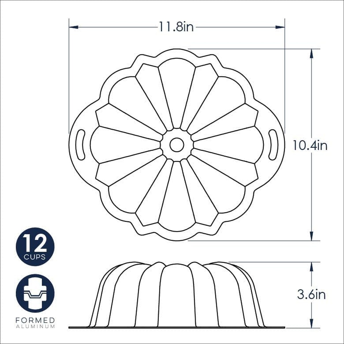 Technical dimension diagram of the Nordic Ware ProForm Bundt Pan showing 11.8 inch width, 10.4 inch depth, and 3.6 inch height with 12-cup capacity callout