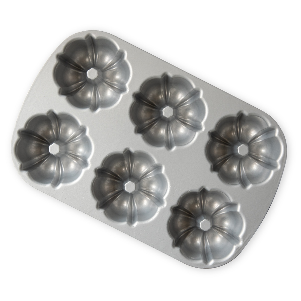 Nordic Ware 6-cavity mini Bundt pan showing the silver cast aluminum underside and cavity detail