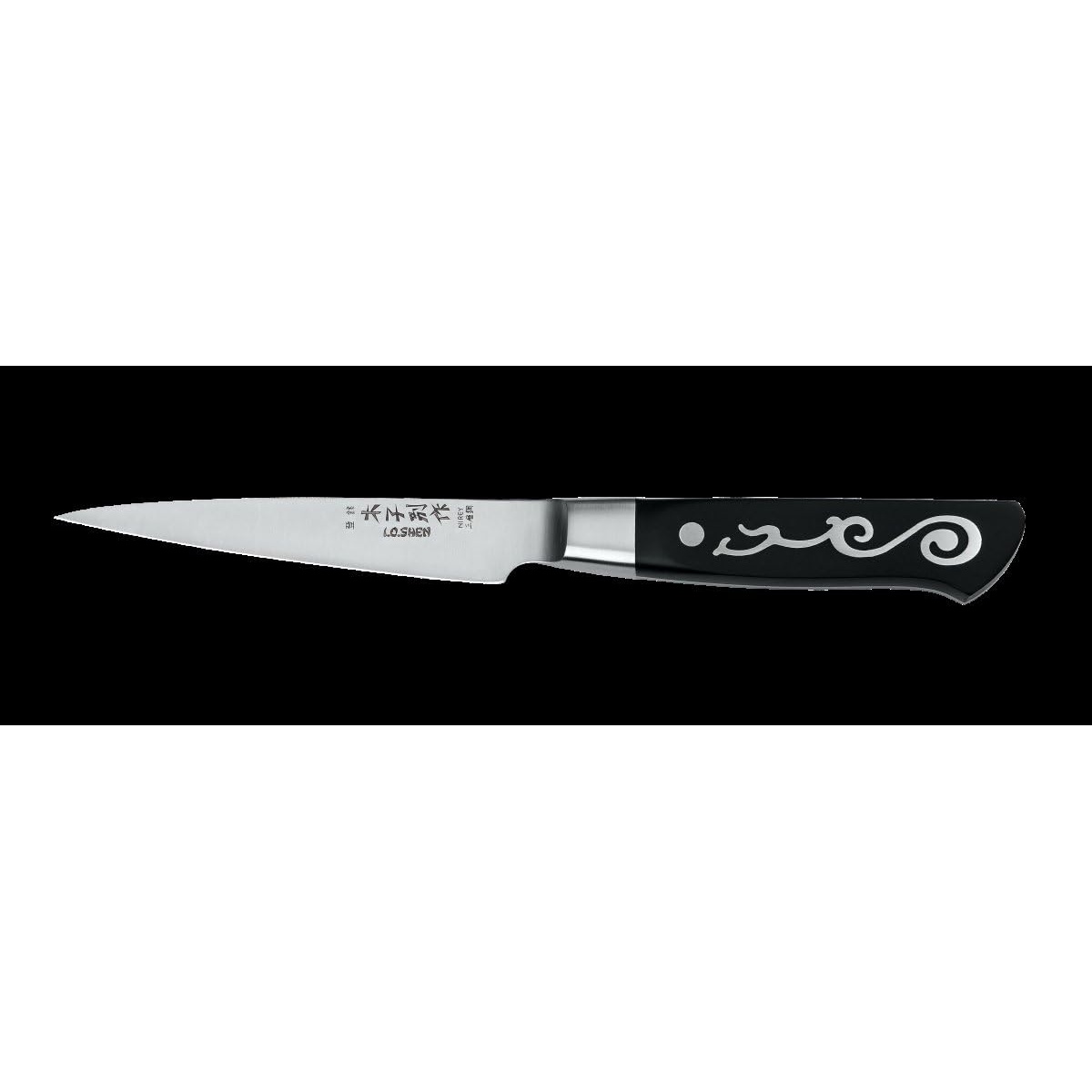 Master Grade I.O. Shen 5066 Pointed Paring Knife with mirror-finished blade and decorative ebonite handle on black background