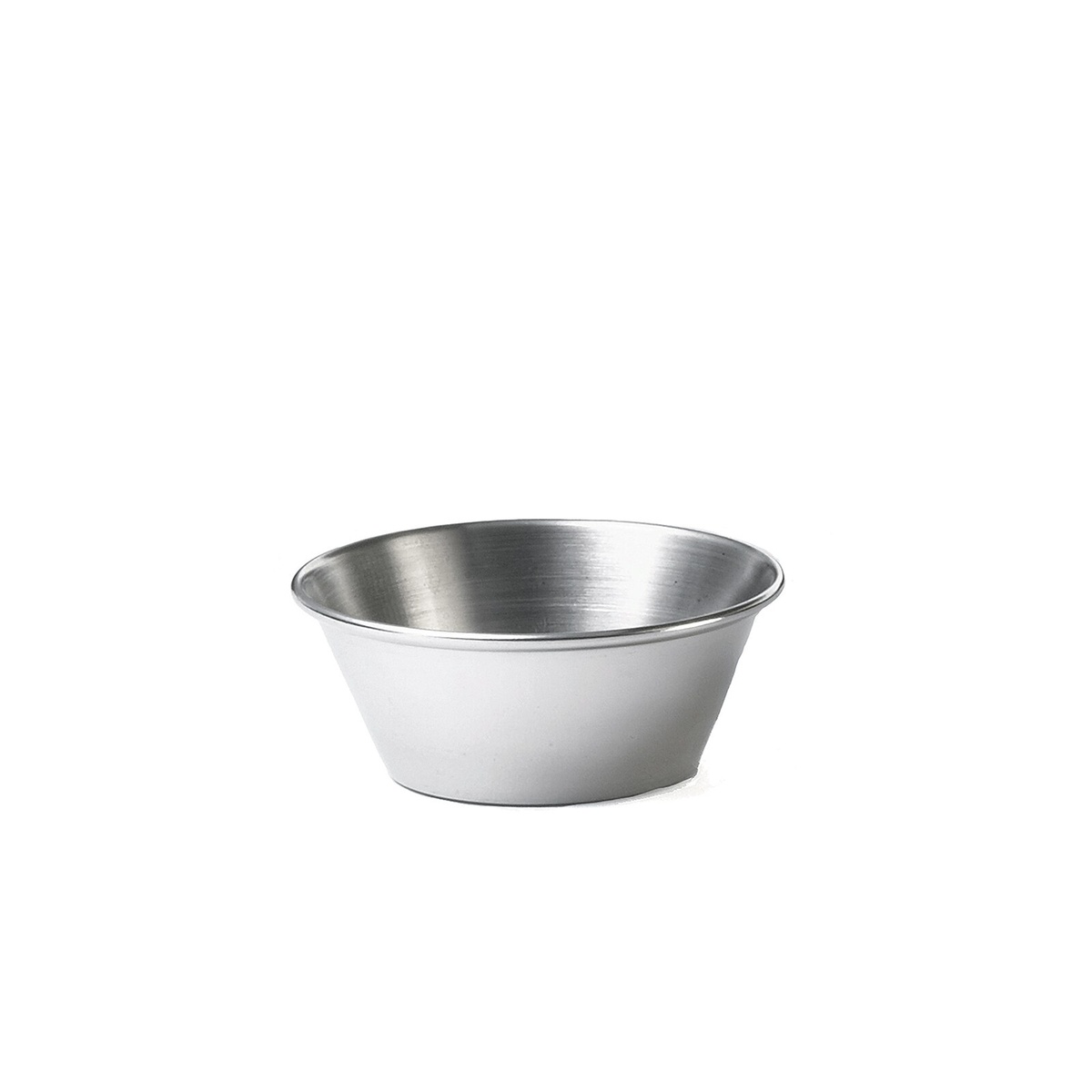 TableCraft 5066 round 1.5 oz stainless steel sauce cup, polished silver finish, on white background