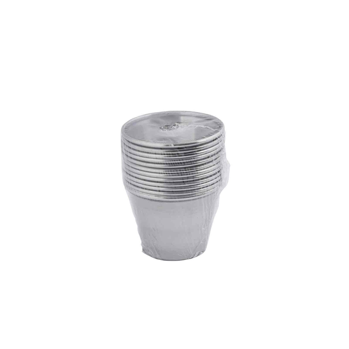 Stack of 12 stainless steel sauce cups wrapped in plastic on a white background