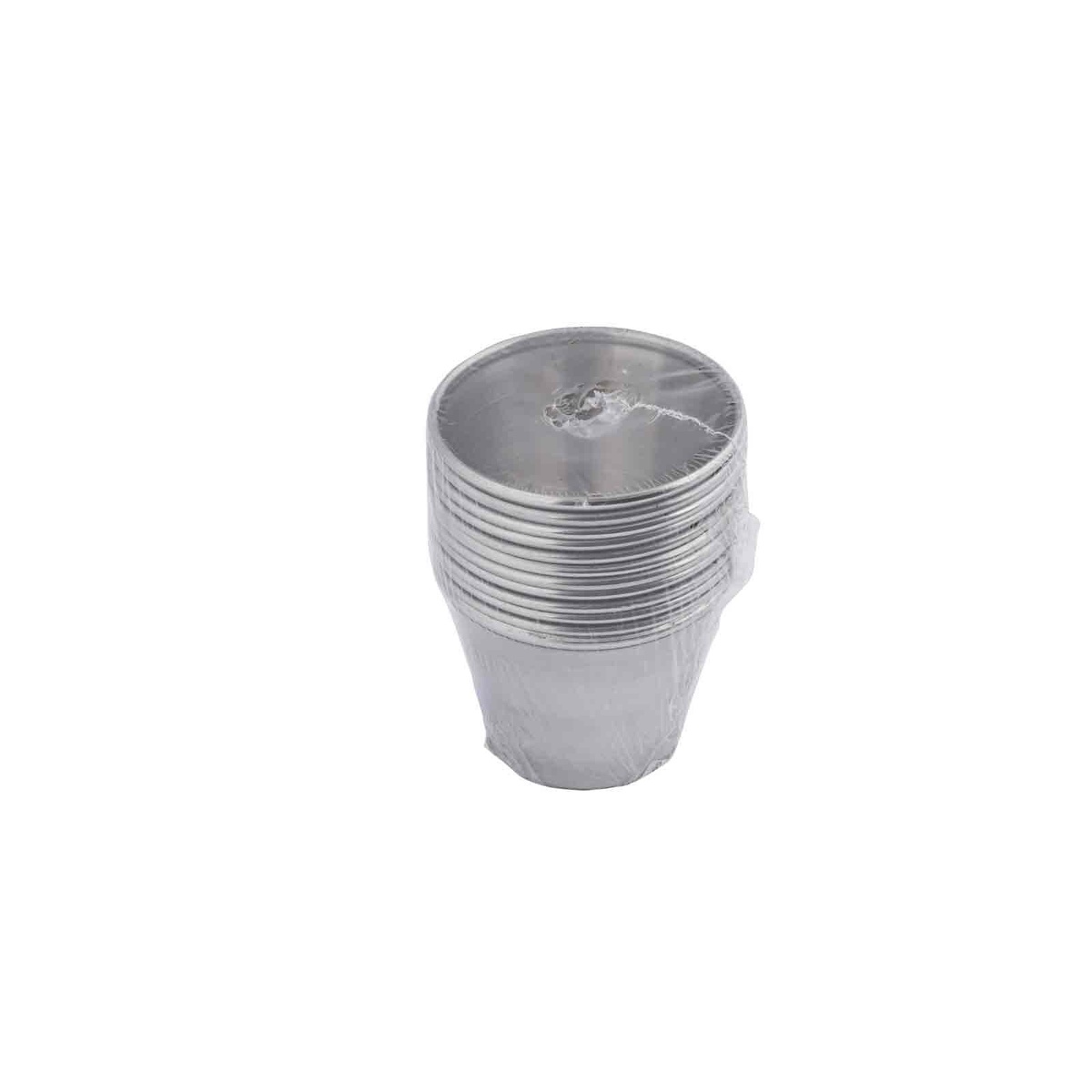 Pack of 12 stainless steel sauce cups stacked and wrapped in plastic