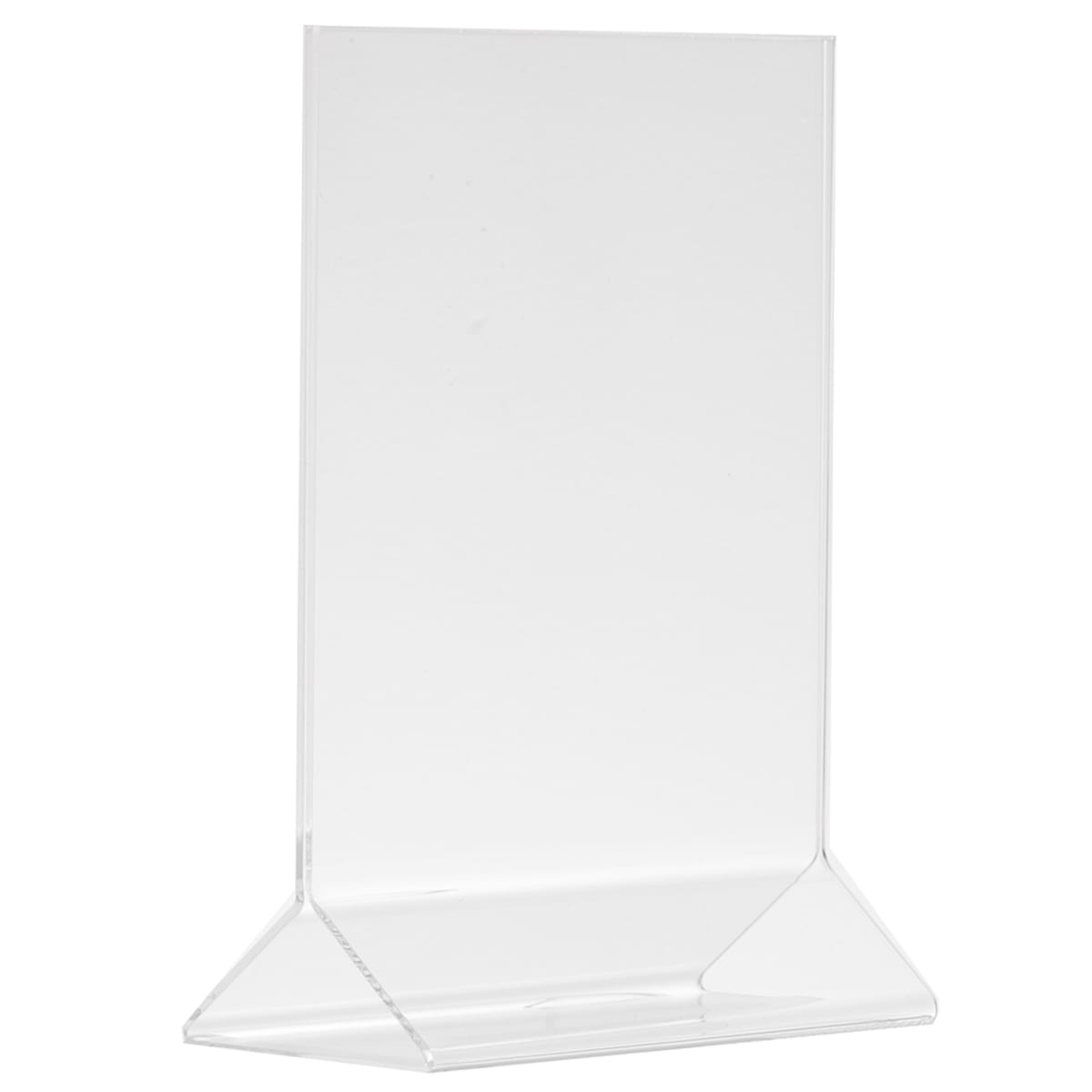 Tablecraft 5070 clear acrylic two-sided menu holder with triangular base, angled front view