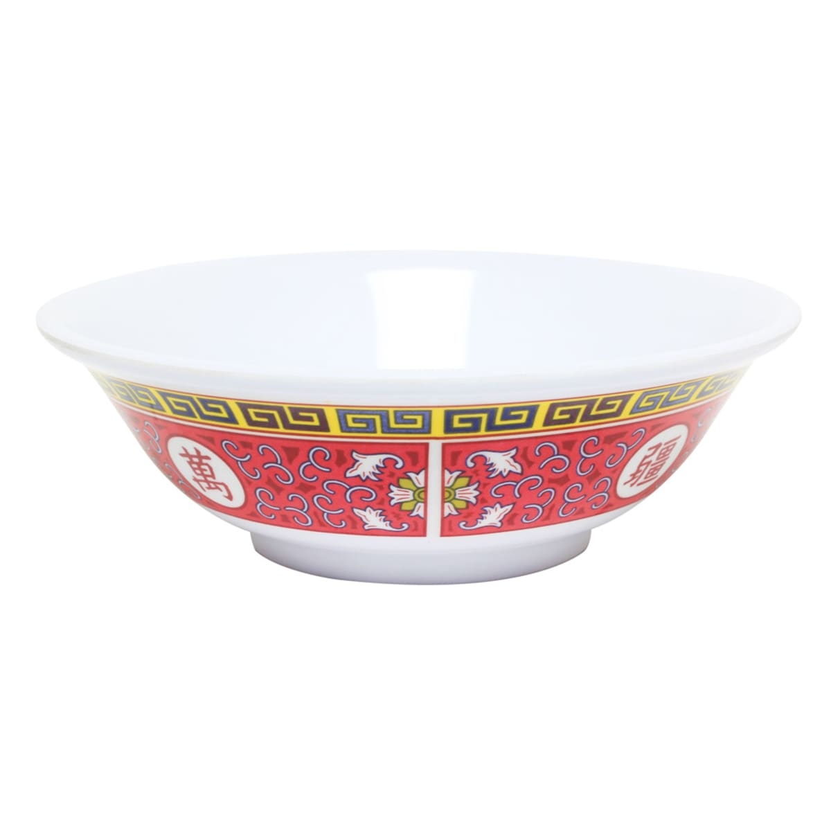 Thunder Group 5070TR 36 oz round rimless melamine bowl featuring a red and white Longevity pattern with traditional Asian motifs