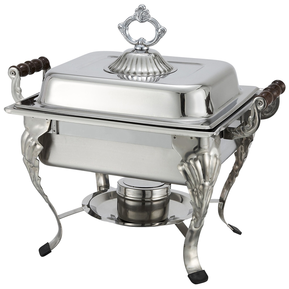 Winco 508 Crown Collection 4-quart half-size square chafer with ornate stainless steel stand, wooden side handles, dome lid, and fuel holder