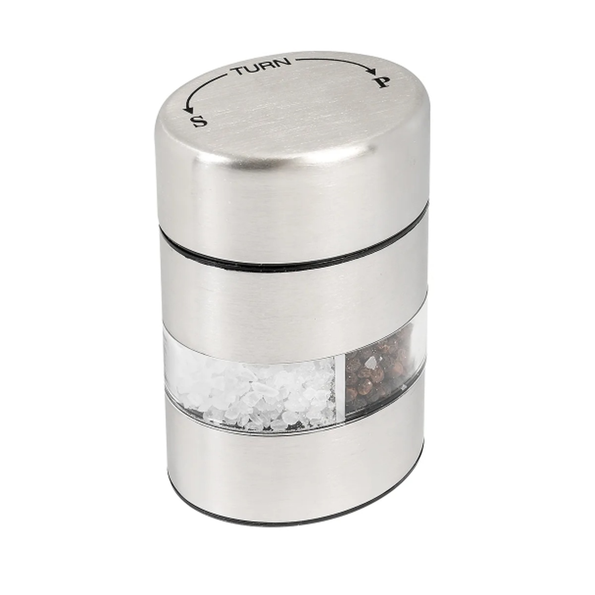 Olde Thompson 5080-00 stainless steel 2-in-1 salt and pepper mill front view with S and P turn indicators