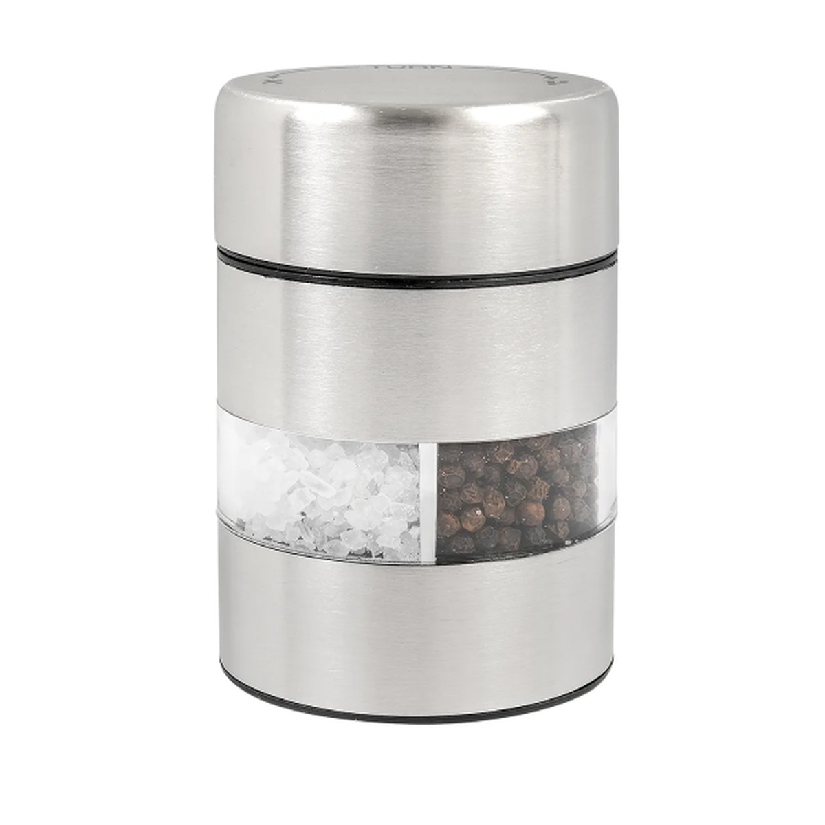 Olde Thompson 5080-00 combo mill side view showing clear window filled with coarse sea salt and whole peppercorns