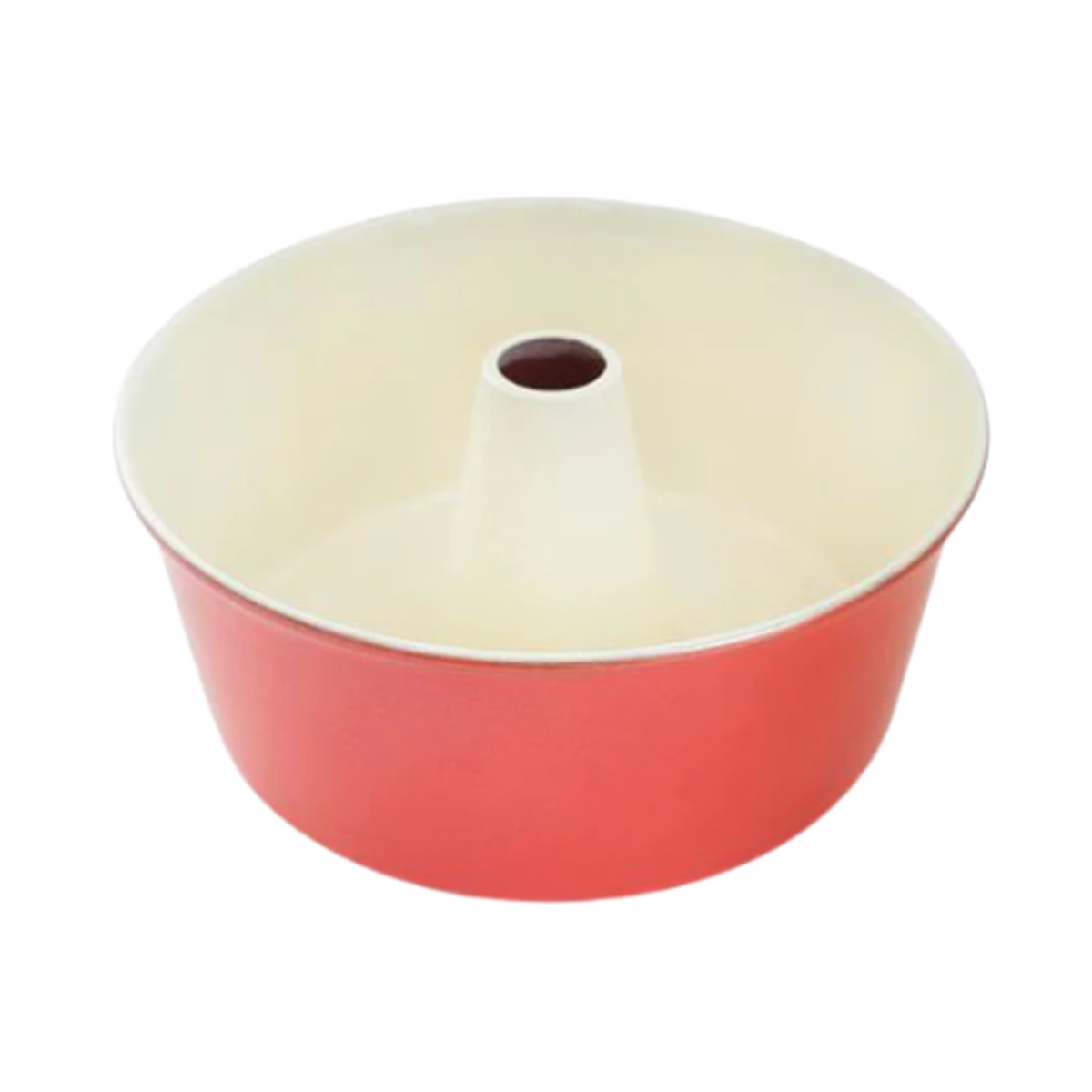 Nordic Ware Angel Food Cake Pan in red with cream non-stick interior, one-piece round tube design
