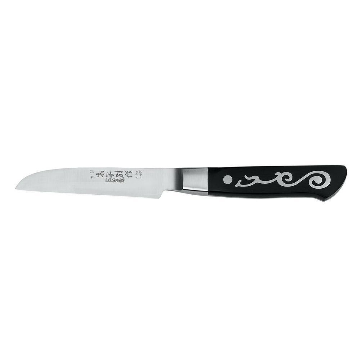 Master Grade I.O. Shen curved paring knife with polished stainless blade and black ebonite handle featuring decorative silver inlay