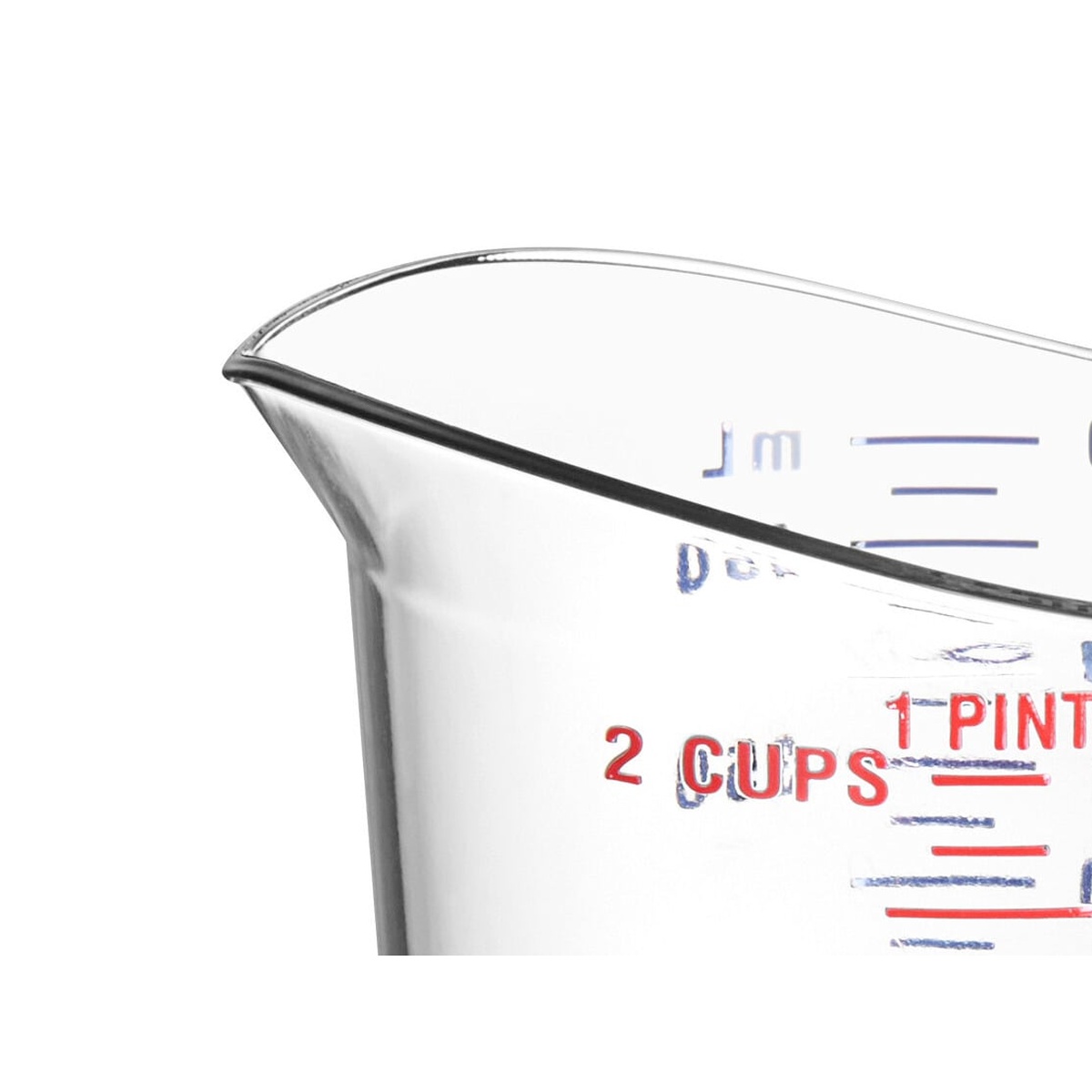 Close-up of Cambro measuring cup spout and molded-in red and blue measurement graduations