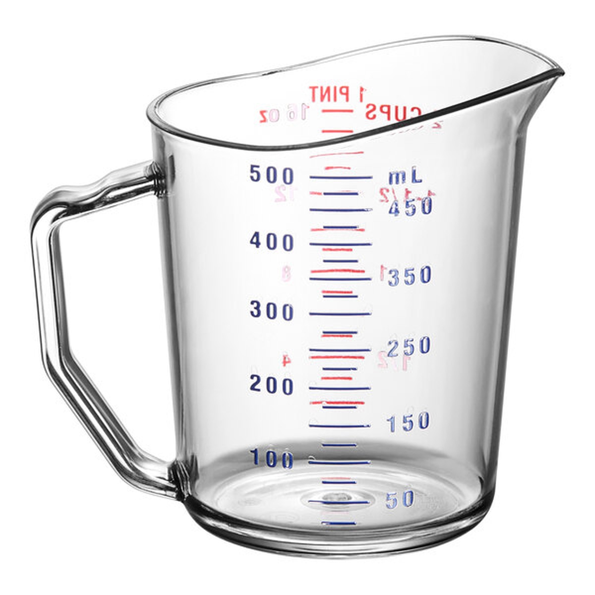 Cambro 1-pint polycarbonate measuring cup showing metric mL graduation scale and molded-in handle