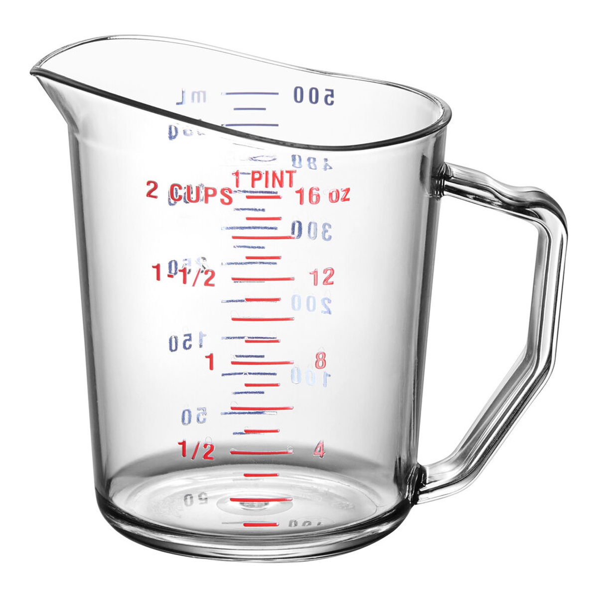 Cambro 50MCCW135 Camwear 1-pint clear polycarbonate measuring cup showing red and blue dual graduation markings