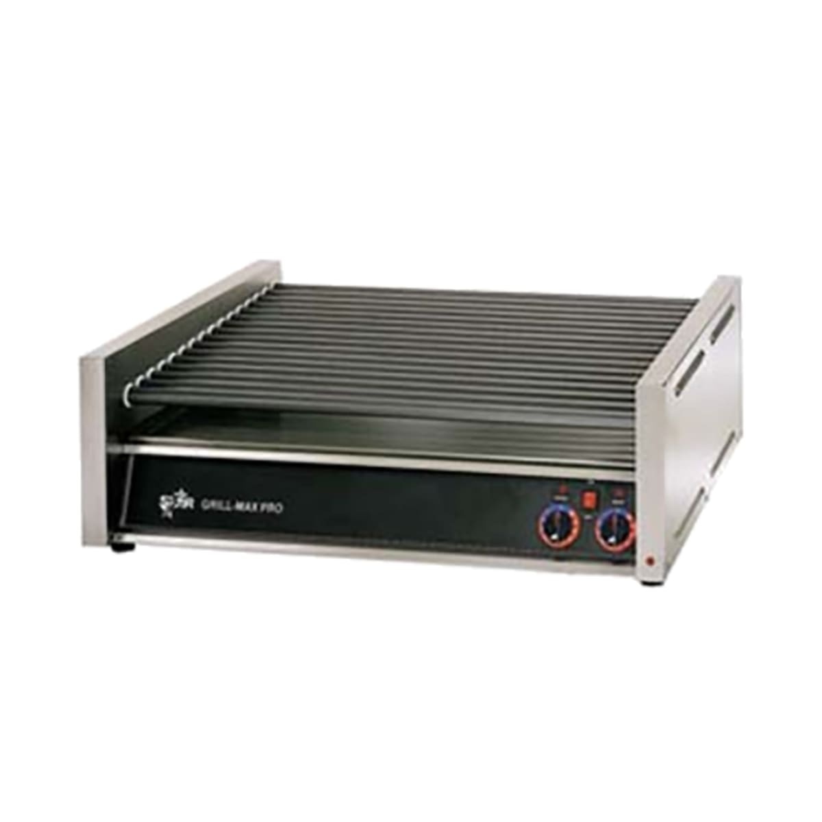 Star 50SC Grill-Max Pro hot dog roller grill with Duratec non-stick rollers and dual analog zone controls on stainless steel body