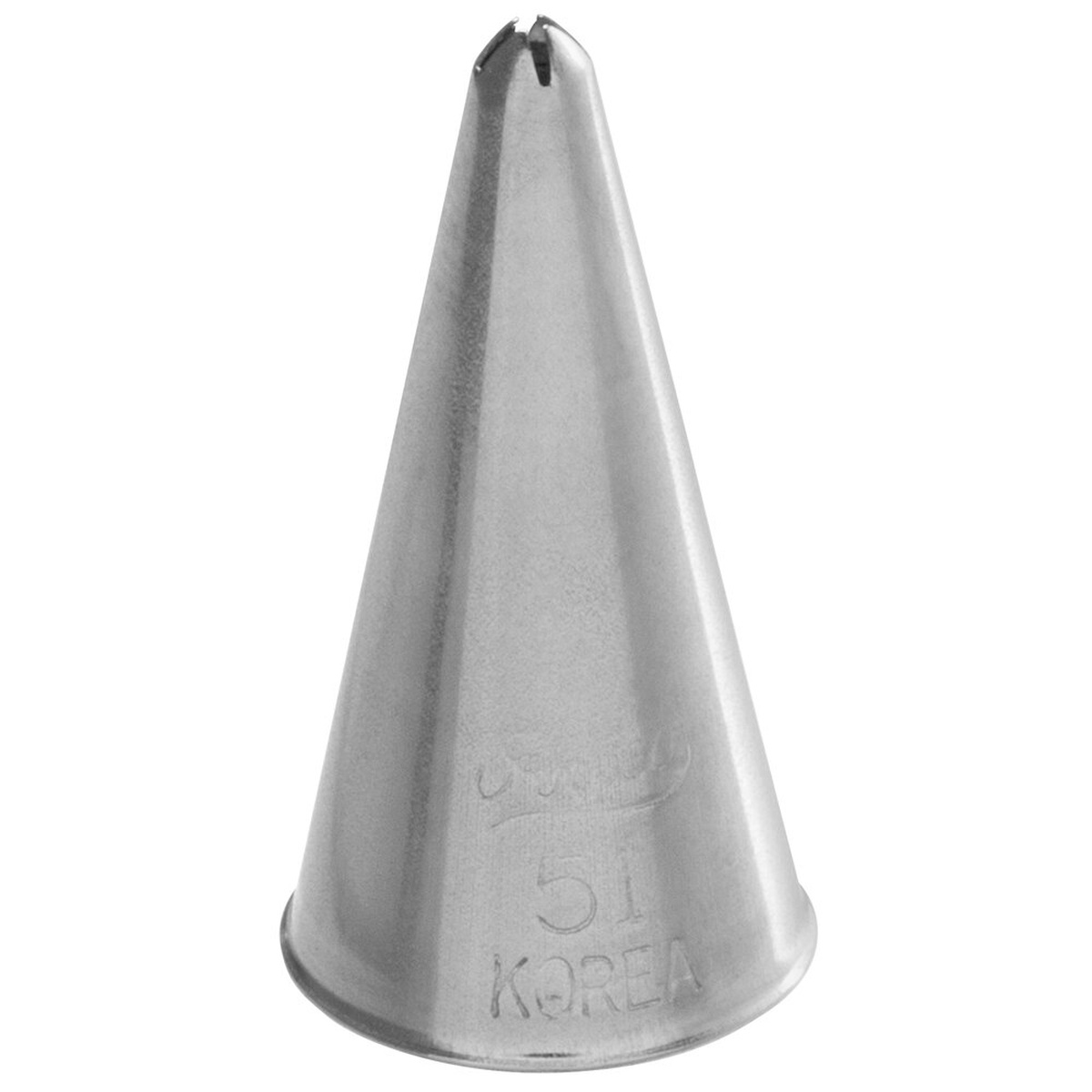 Ateco 51 stainless steel cross-top piping tip showing cross-cut opening and model number stamped on cone
