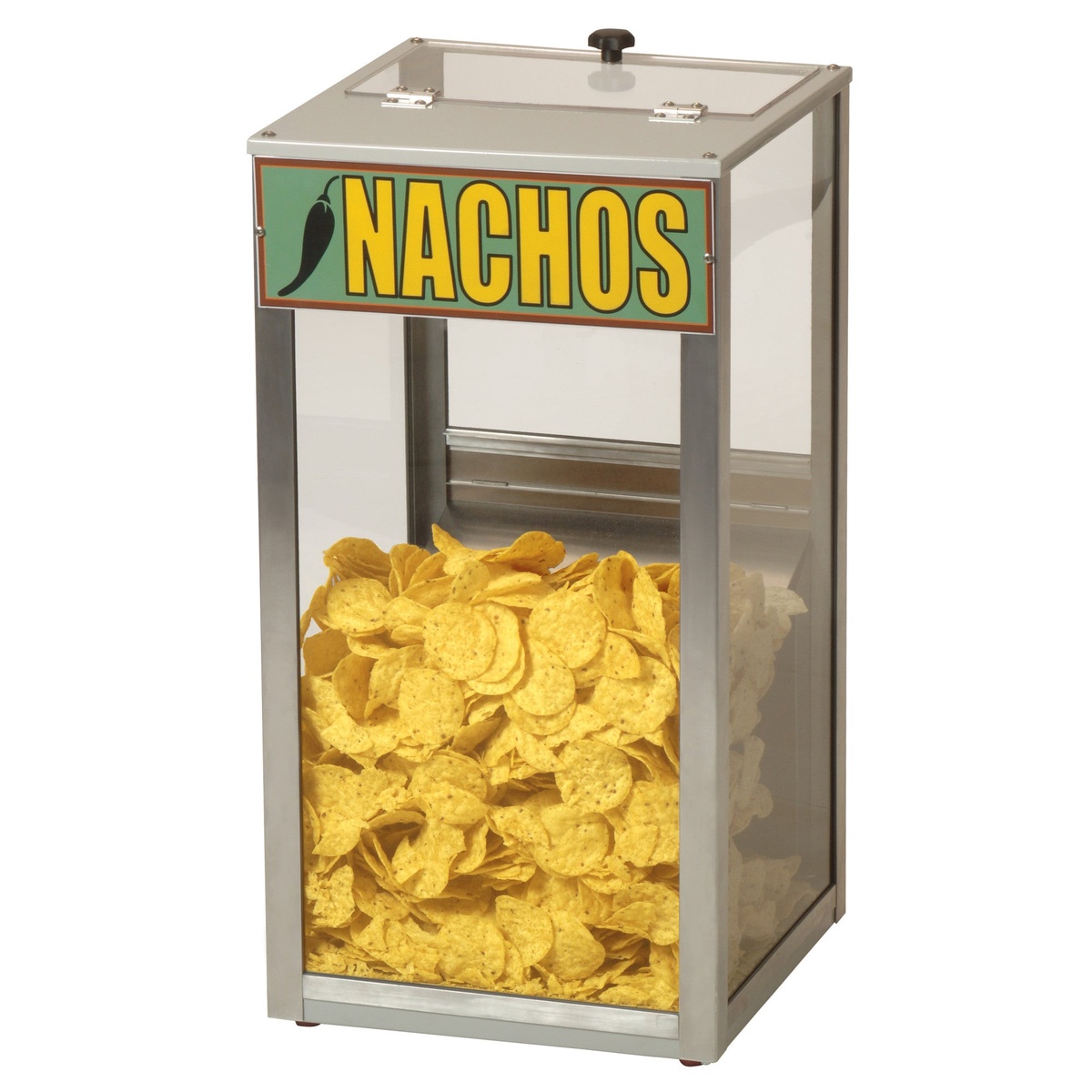 Winco 51000 BenchmarkUSA nacho chip warmer merchandiser filled with nacho chips, Nachos sign displayed on front