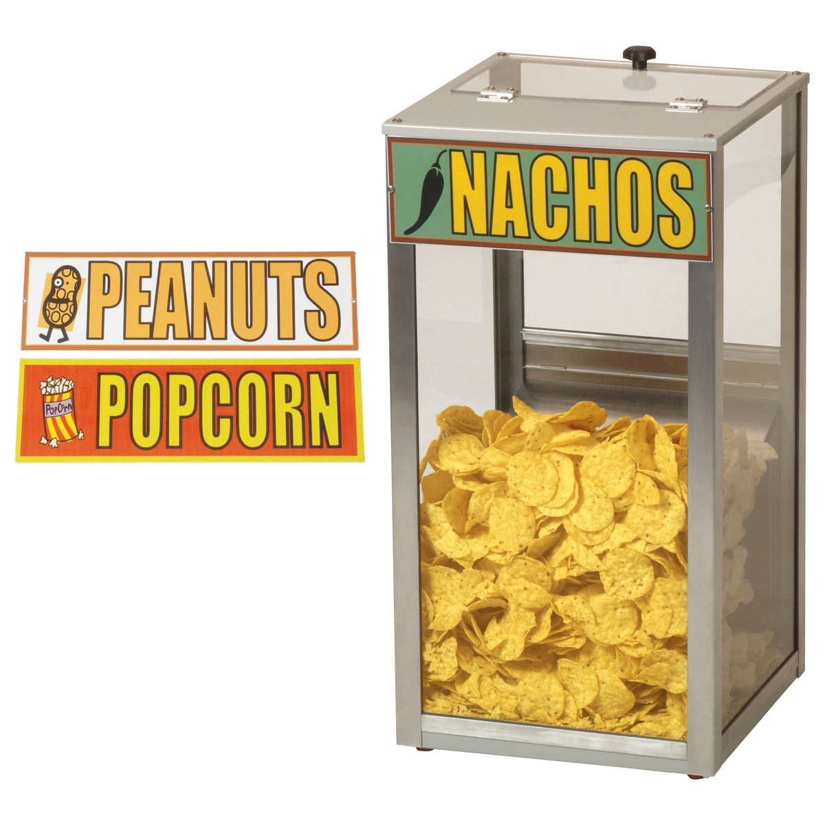 Winco 51000 nacho chip warmer shown with all three interchangeable merchandising signs: Nachos, Peanuts, and Popcorn
