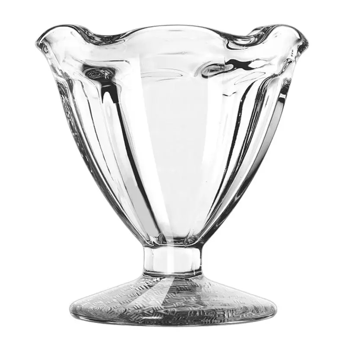 Libbey 5101 clear glass tulip sundae dish with scalloped rim and wide footed base, empty on white background