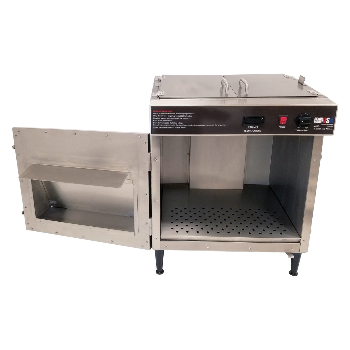 BenchmarkUSA 51026 chip warmer with full-width front service door open, showing perforated stainless steel interior floor and spacious holding chamber