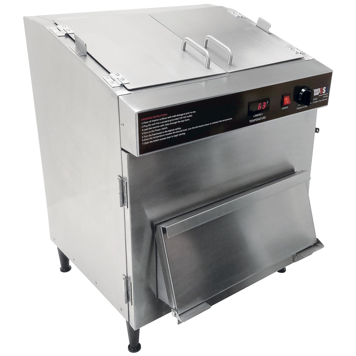 BenchmarkUSA 26-gallon stainless steel tortilla chip warmer full product view with top-load doors and front service door