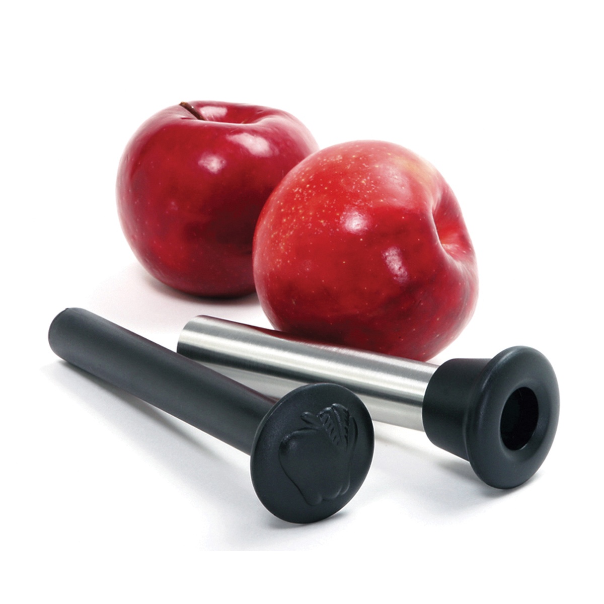Norpro apple corer shown with two red apples