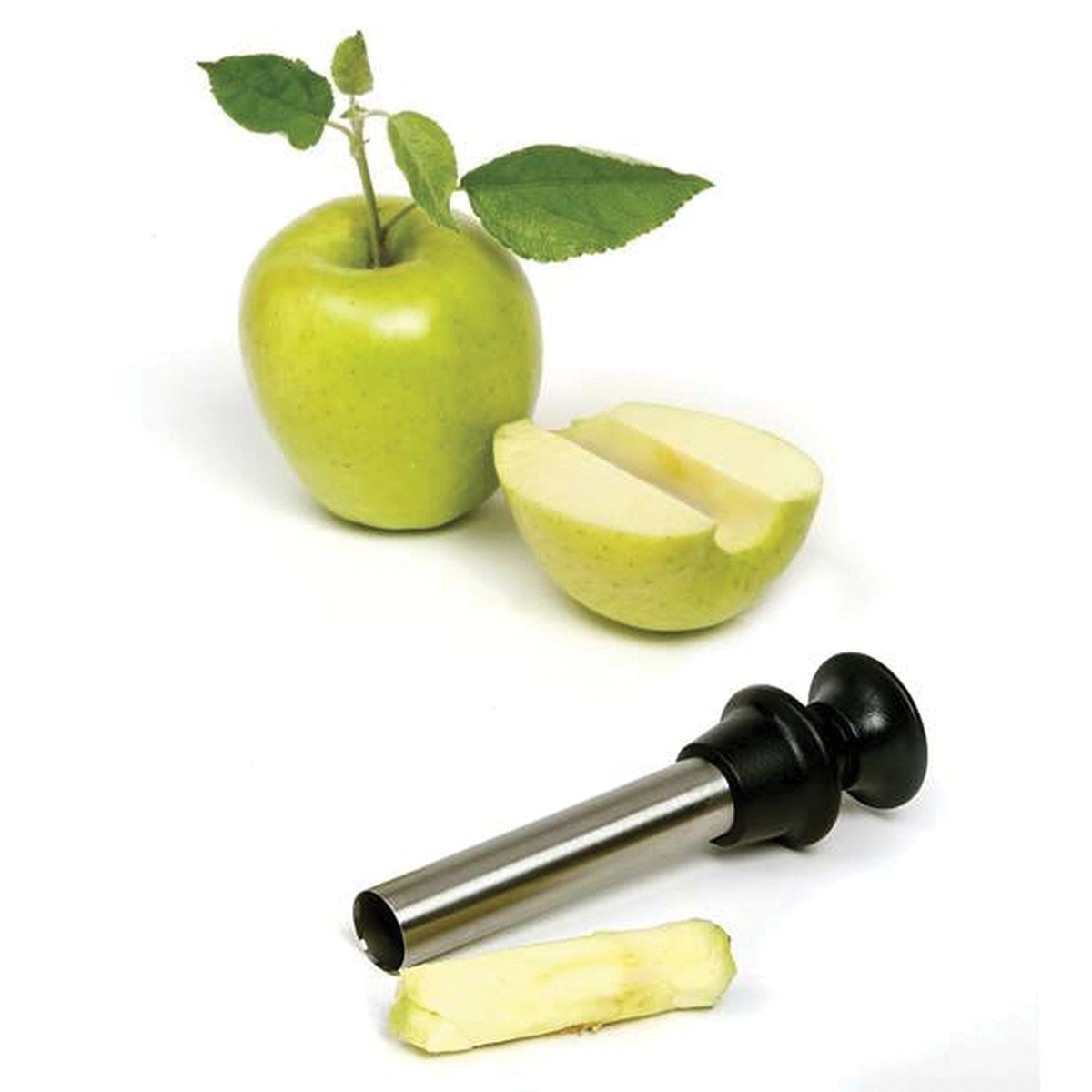 Norpro apple corer with a green apple and a removed core