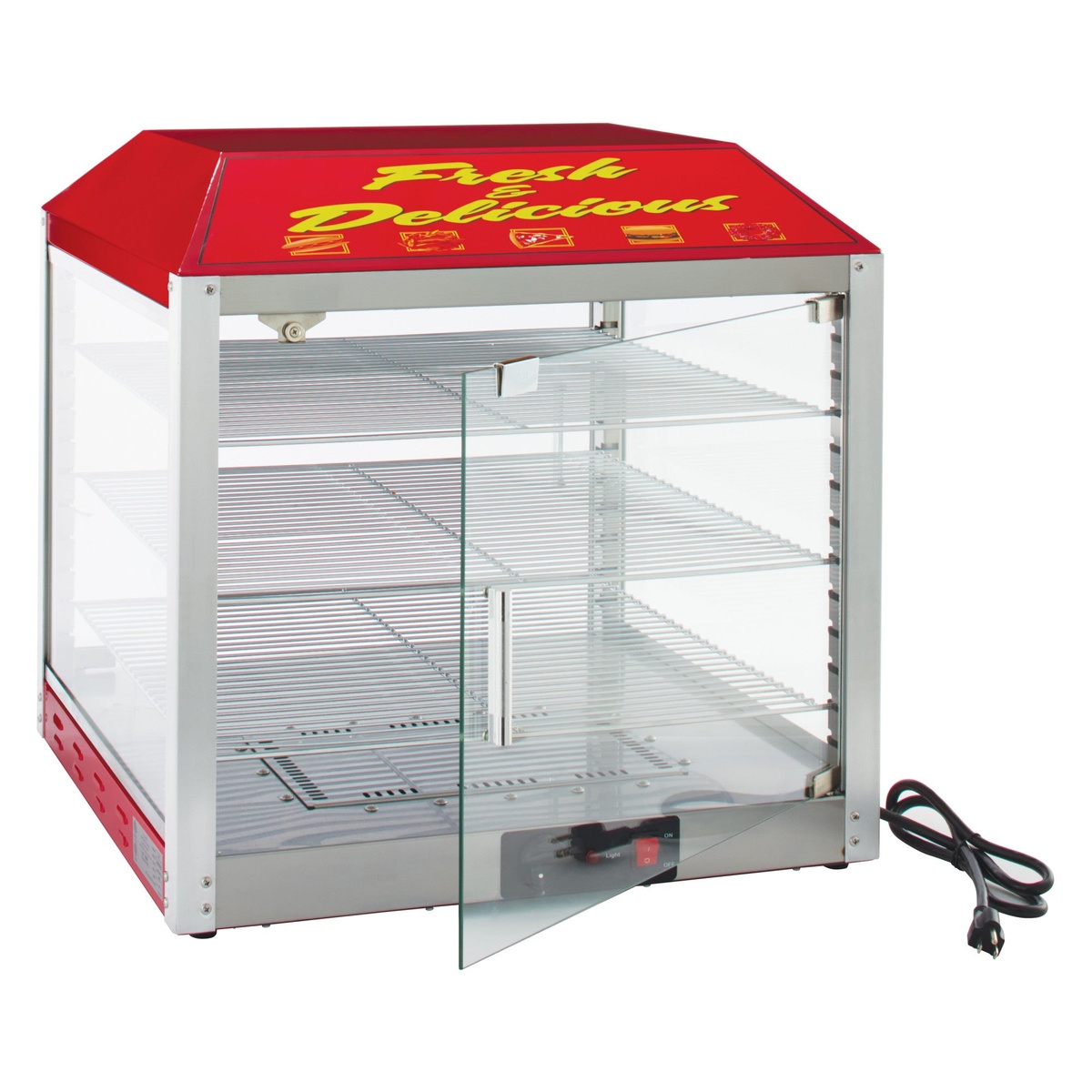 Winco 51048 pizza warmer with front tempered glass door swung open revealing three chrome wire racks