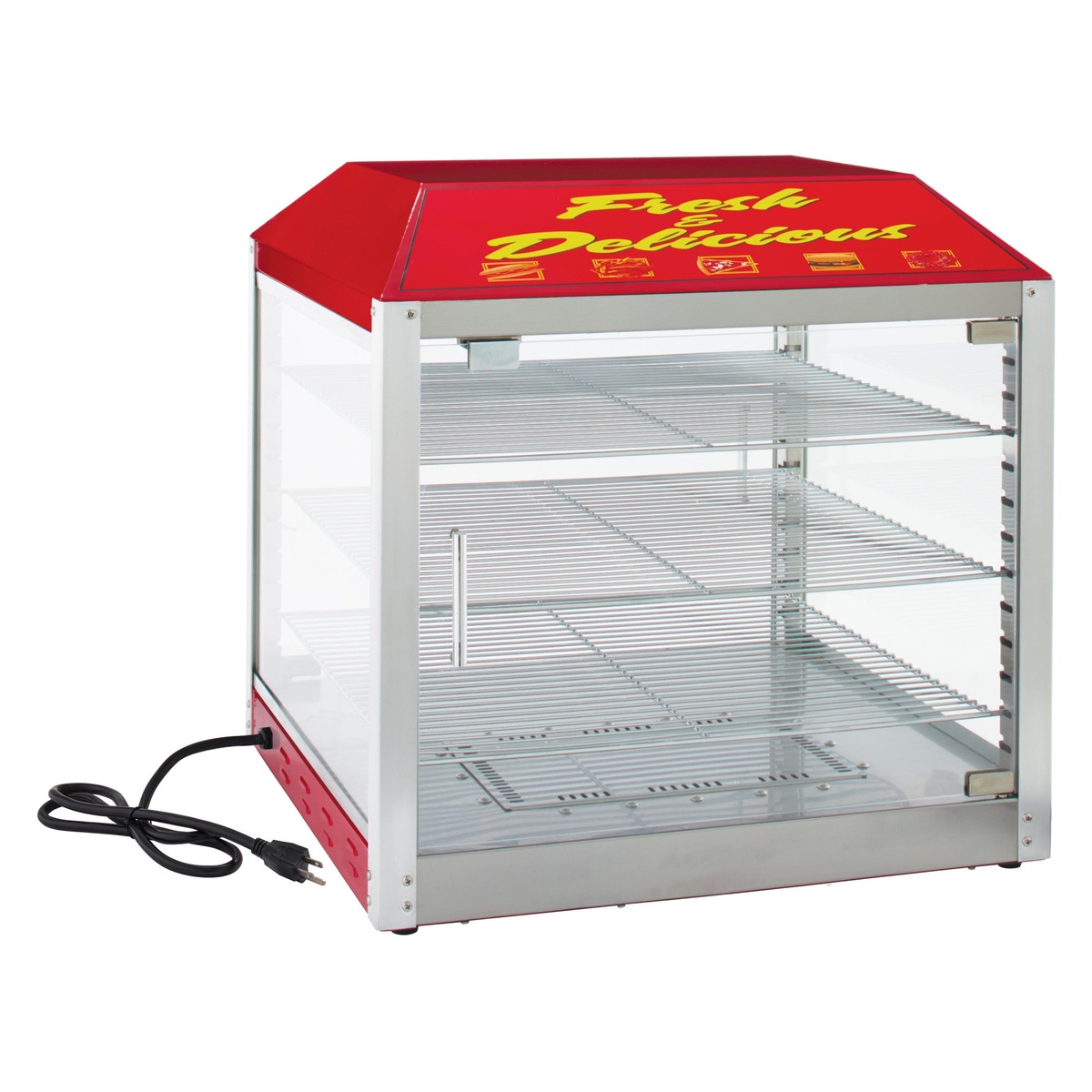 Winco 51048 BenchmarkUSA 2-door pass-thru heated pizza warmer merchandiser, front view closed