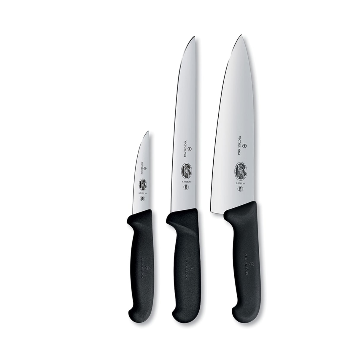 Victorinox 3-piece knife set with black Fibrox Pro handles fanned out, showing paring, slicer, and chef knives