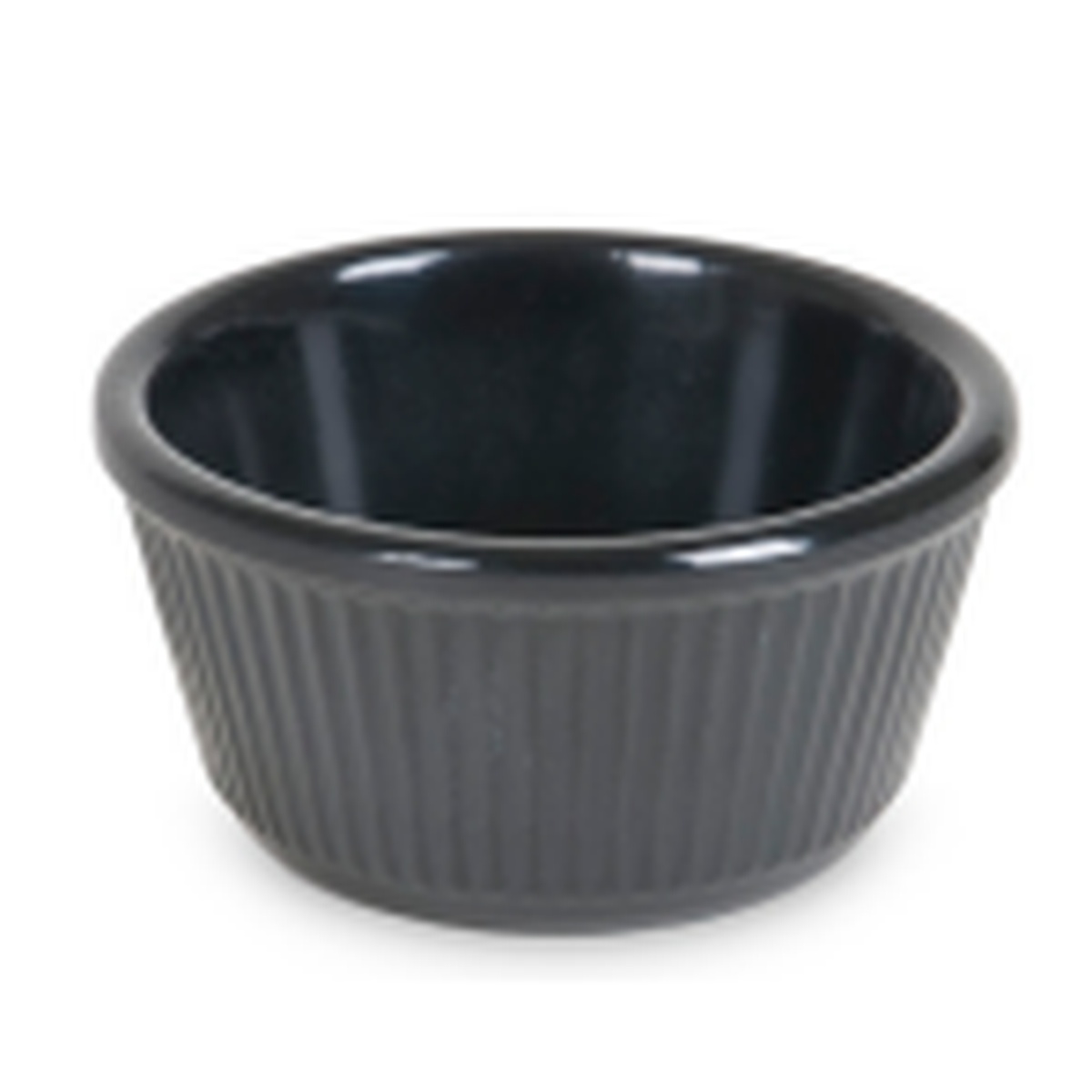 Black melamine ramekin with fluted ribbed walls, 4 oz capacity, viewed from above at an angle