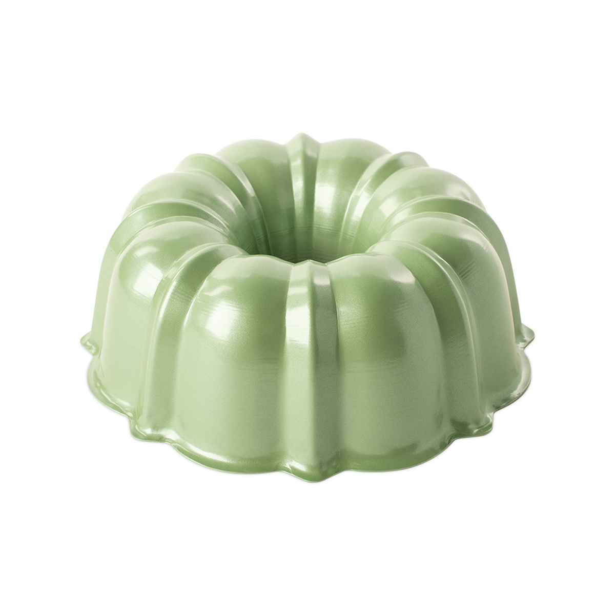Nordic Ware 12 Cup Formed Bundt Pan in aurora green showing nonstick interior and fluted exterior