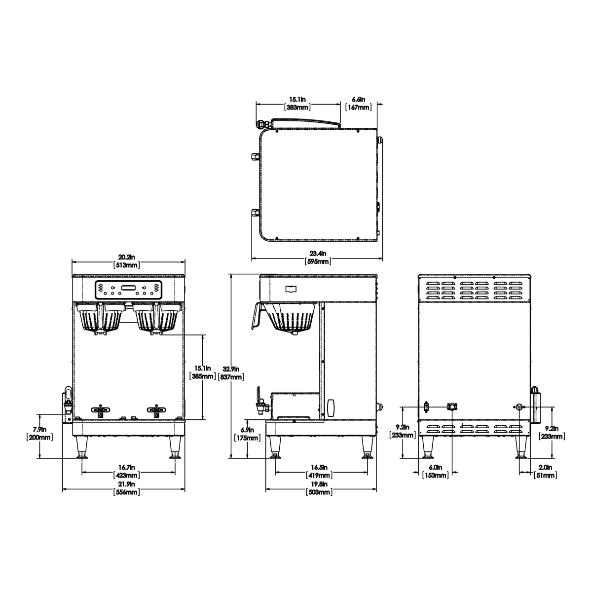 BUNN ICB Twin SH technical dimension diagram showing front, side, and top views with measurements